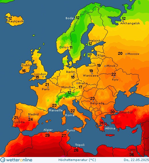 На зображенні може бути: карта та текст «12 PReykjavik Bode.1 12 Arkhangelsk Helsinki 12 Helsinki Osloo11 Dublin 17 •Moscow London •Minsk 19 Warszawa Paris Berlin 15 •Praha München opraham 17 Kyiv 23 Marseille Madrid 24 Belgrad Lisboa 22 Roma istanbul Algier Tunis 314 Athína Tripoli wetter wetteronline online Höchsttemperatur (°℃) Do,22.05.2025 Do,»